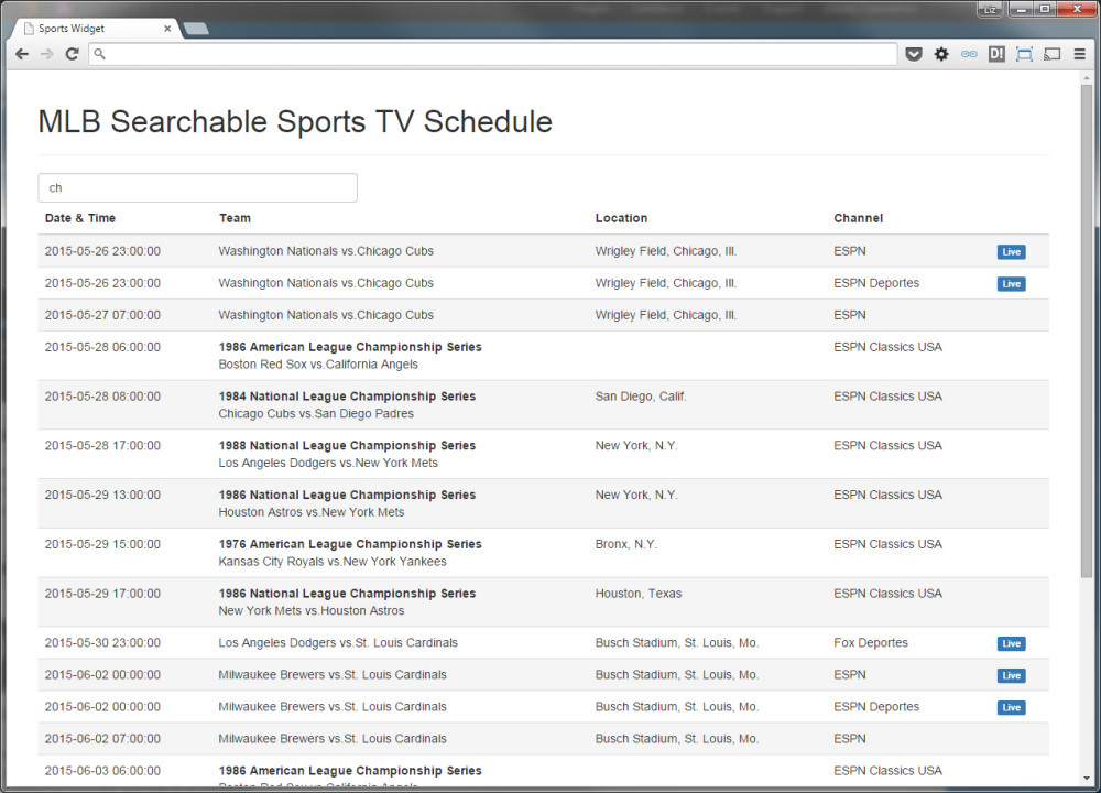 Screenshot of sports schedule webpage
